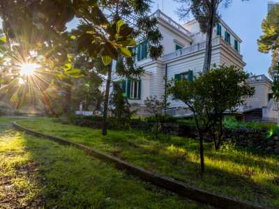 Per poter andare ad ammirare la facciata principale della villa dobbiamo passare dal verdeggiante giardino, tra alte palme, pini e cipressi secolari ...